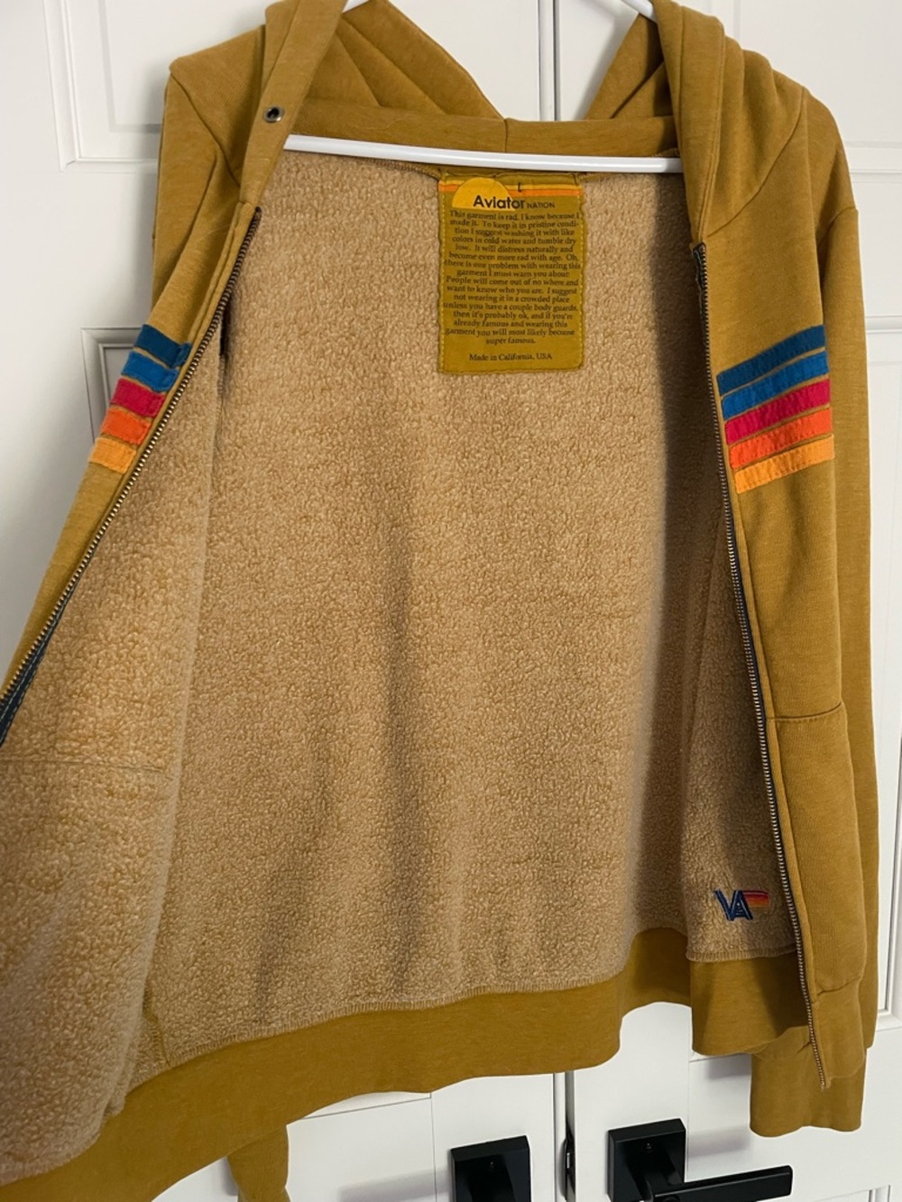 Aviator Nation 5 Striped Hoodie Sz L Mustard Yellow Full Zip Pockets Jacket - Picture 4 of 10